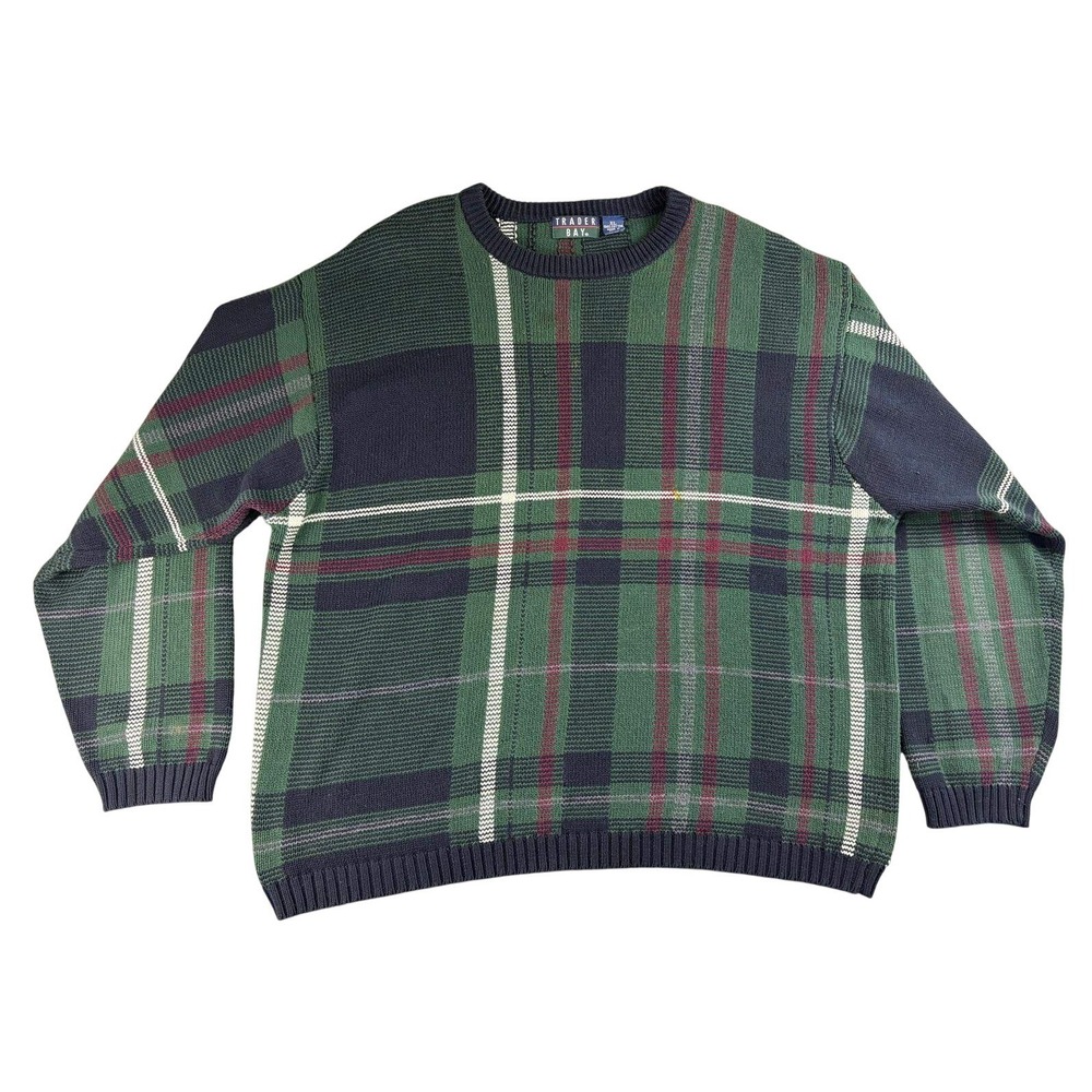 Vintage Trader Bay Knit Sweater Men XL Green Blue Red Plaid Check‎ Cotton Heavy